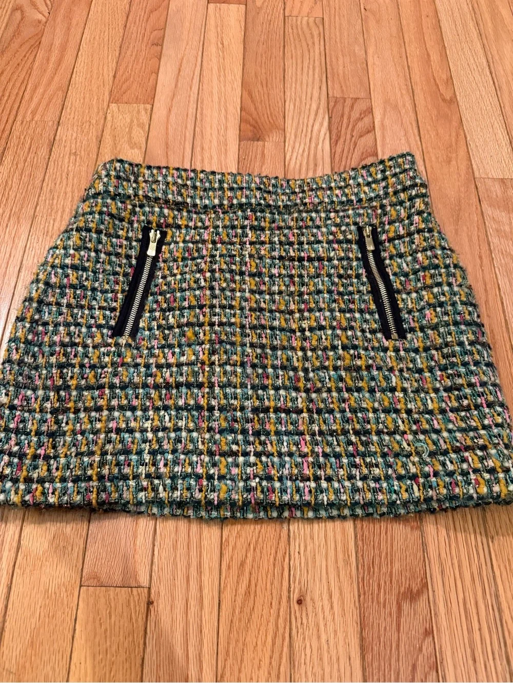 J. Crew women’s multicolor tweed virgin wool mini skirt  gold zipper detail